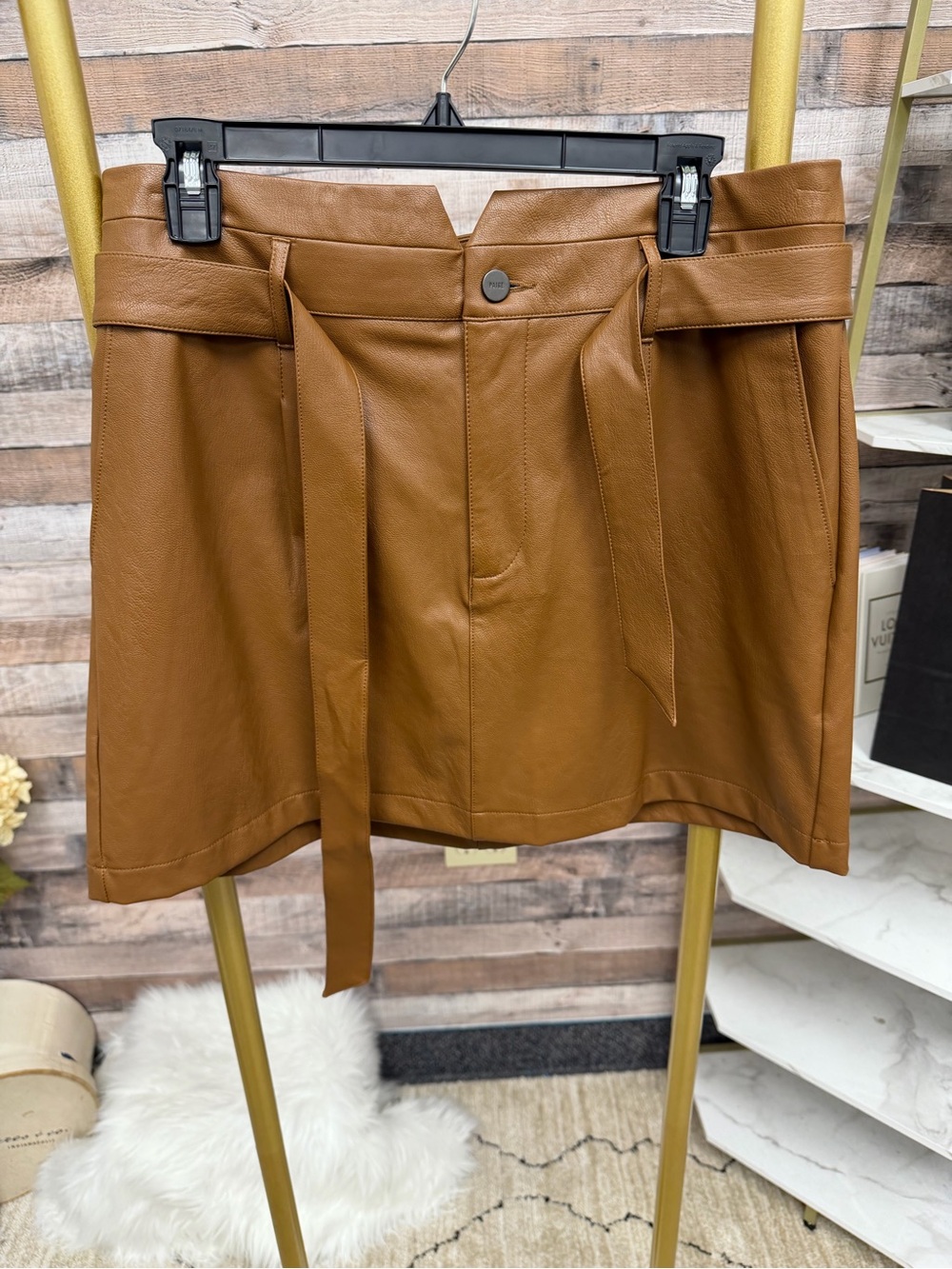 PAIGE Faux Leather Brown Belted Mini Skirt L